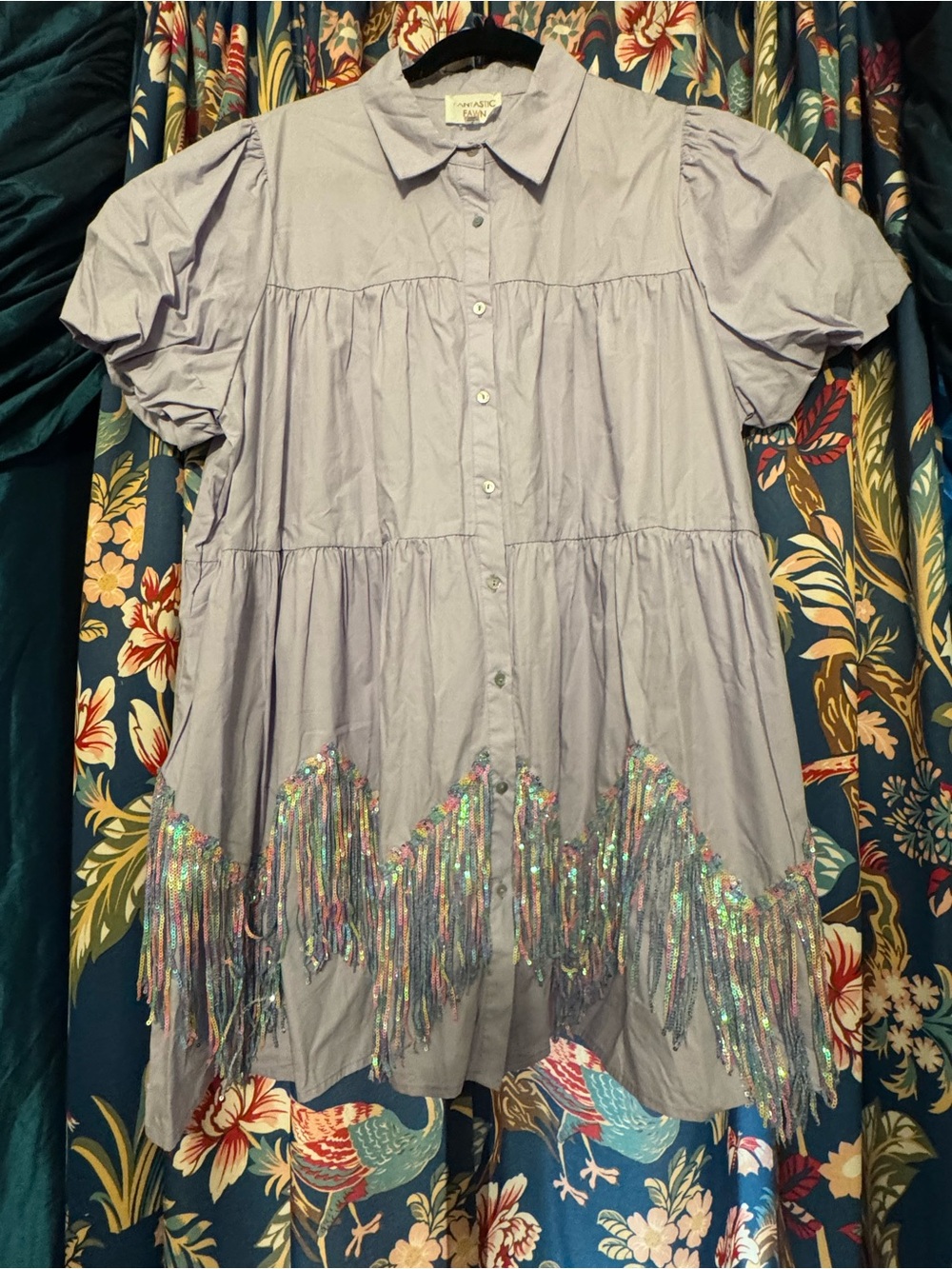 Fantastic Fawn Lavender Purple Puff Sleeve Button Front Sequin Fringe Dress L